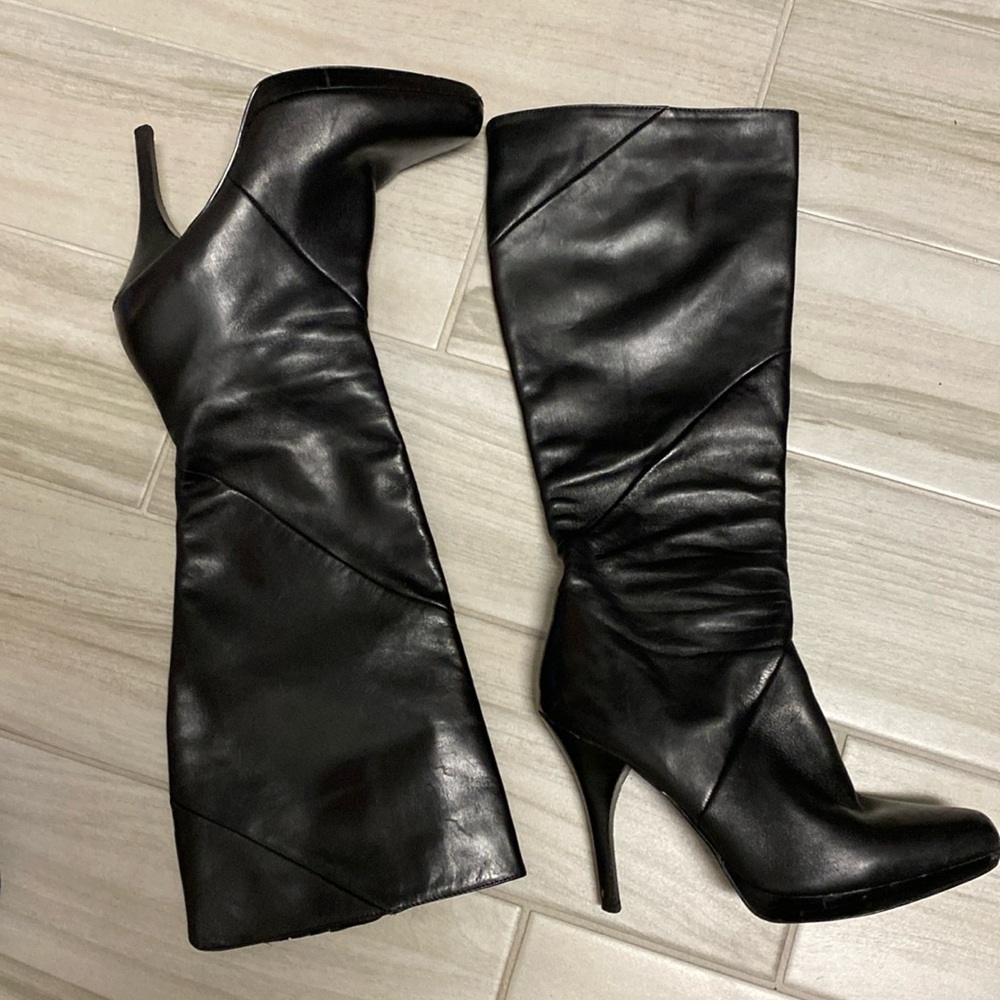 Genuine, leather, black, knee-high, stiletto boots size size 10